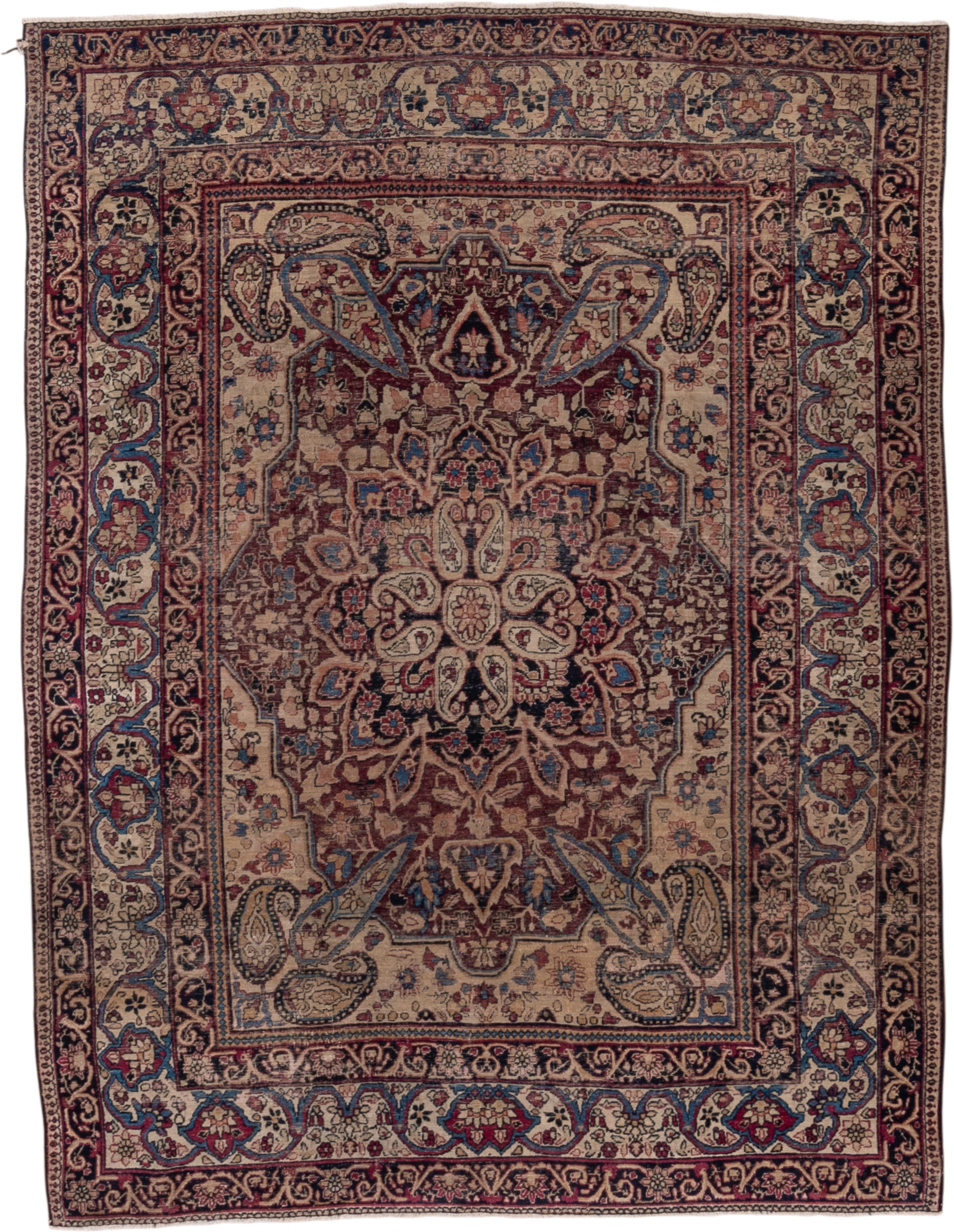 4' x 5' one-of-a-kind handmade antique Lavar small size rug. Color palette: ivory, burgundy, navy, taupe, rose, slate, camel
