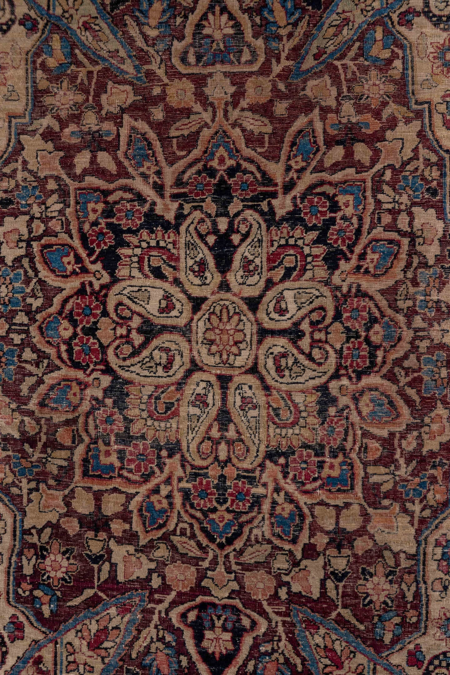 4' x 5' one-of-a-kind handmade antique Lavar small size rug. Color palette: ivory, burgundy, navy, taupe, rose, slate, camel