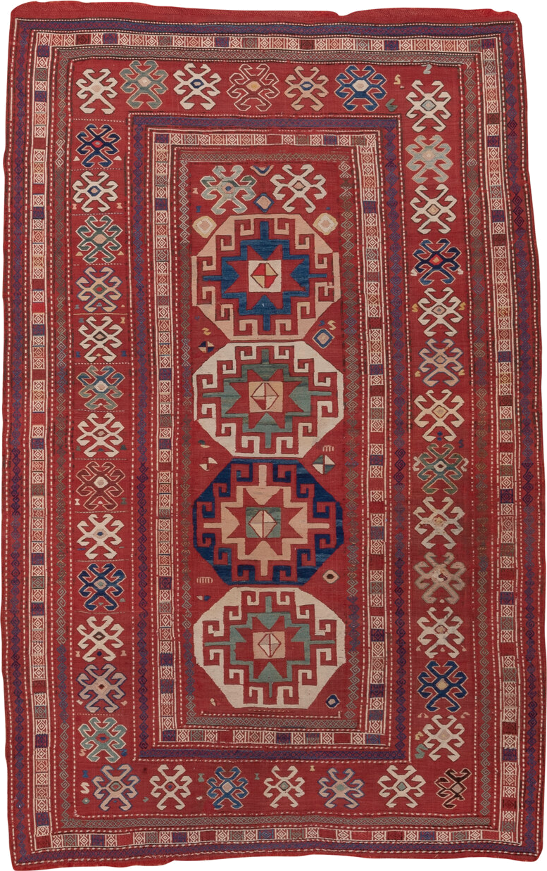 5' x 8' one-of-a-kind handmade antique Sumak medium size rug. Color palette: rust, ivory, indigo, terra cotta, sage, camel