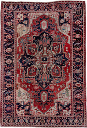 9' x 13' one-of-a-kind handmade antique Serapi large size rug. Color palette: rust, navy, ivory, sky_blue, rose, slate