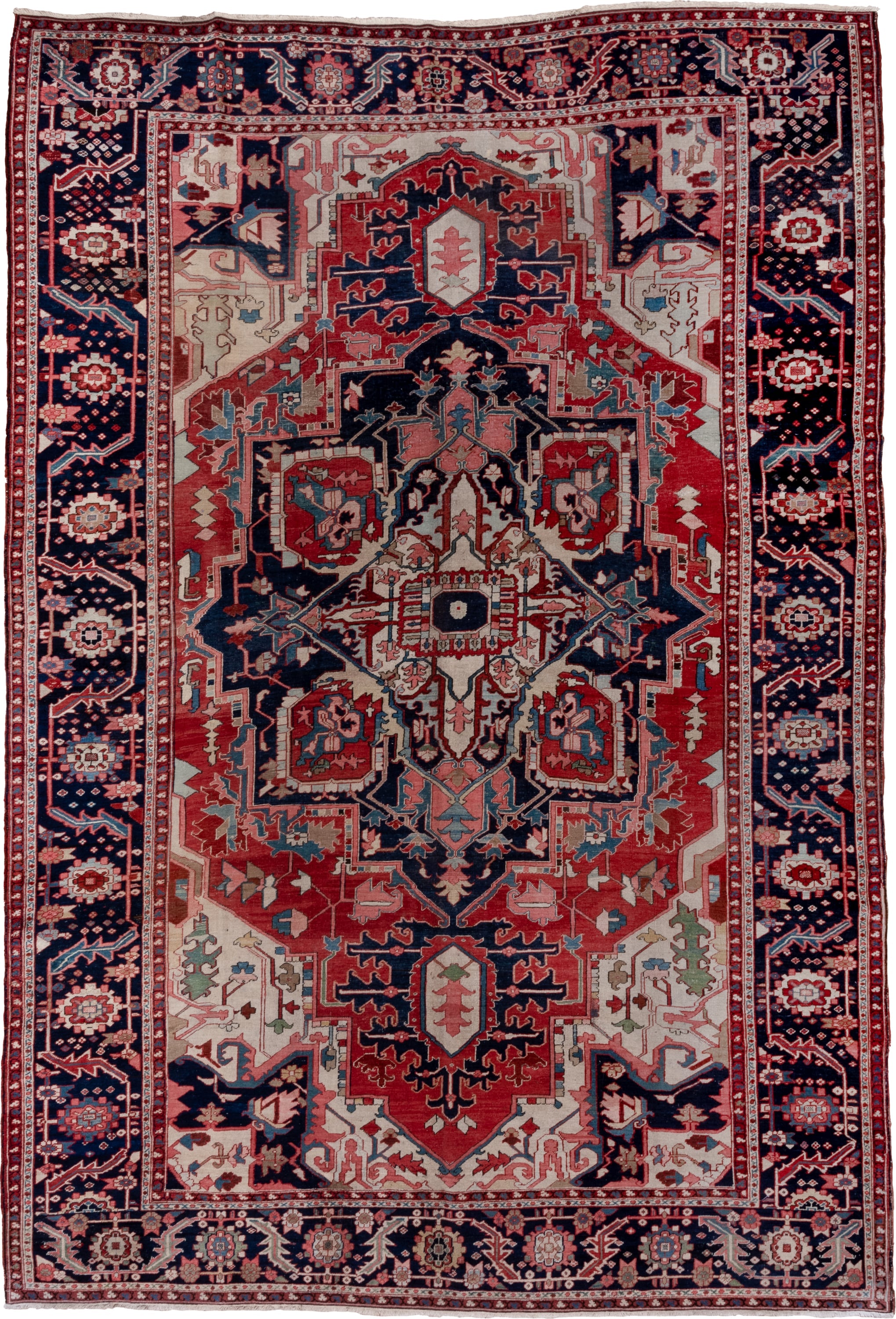9' x 13' one-of-a-kind handmade antique Serapi large size rug. Color palette: rust, navy, ivory, sky_blue, rose, slate