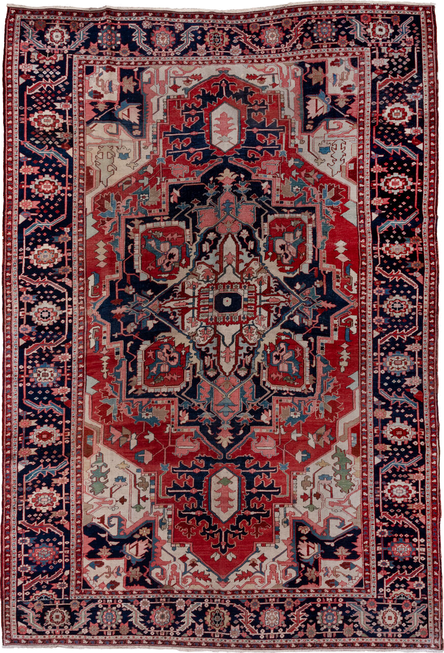 9' x 13' one-of-a-kind handmade antique Serapi large size rug. Color palette: rust, navy, ivory, sky_blue, rose, slate