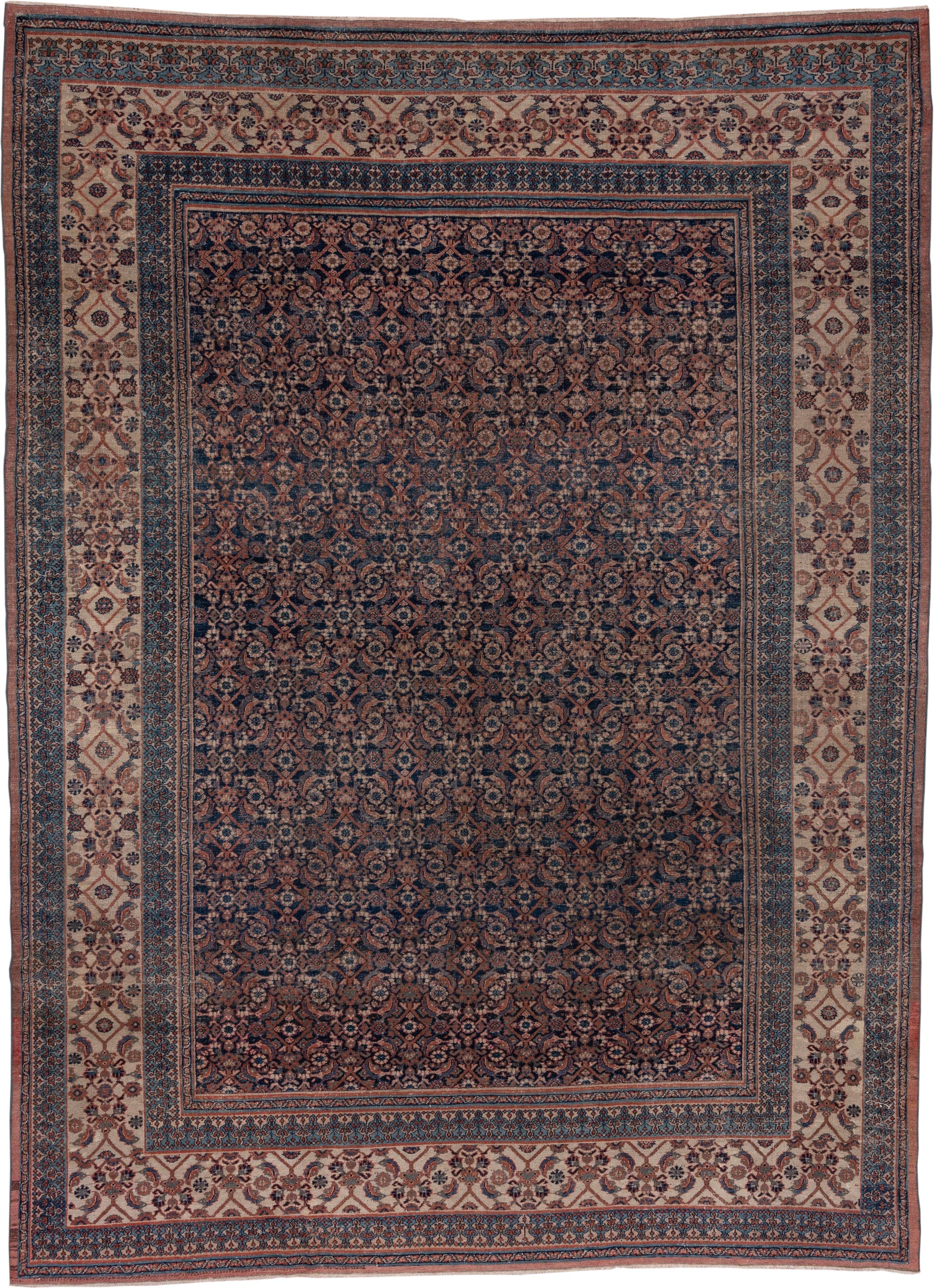 8' x 11' one-of-a-kind handmade antique Khorassan large size rug. Color palette: navy, ivory, rust, slate, camel, rose, blue