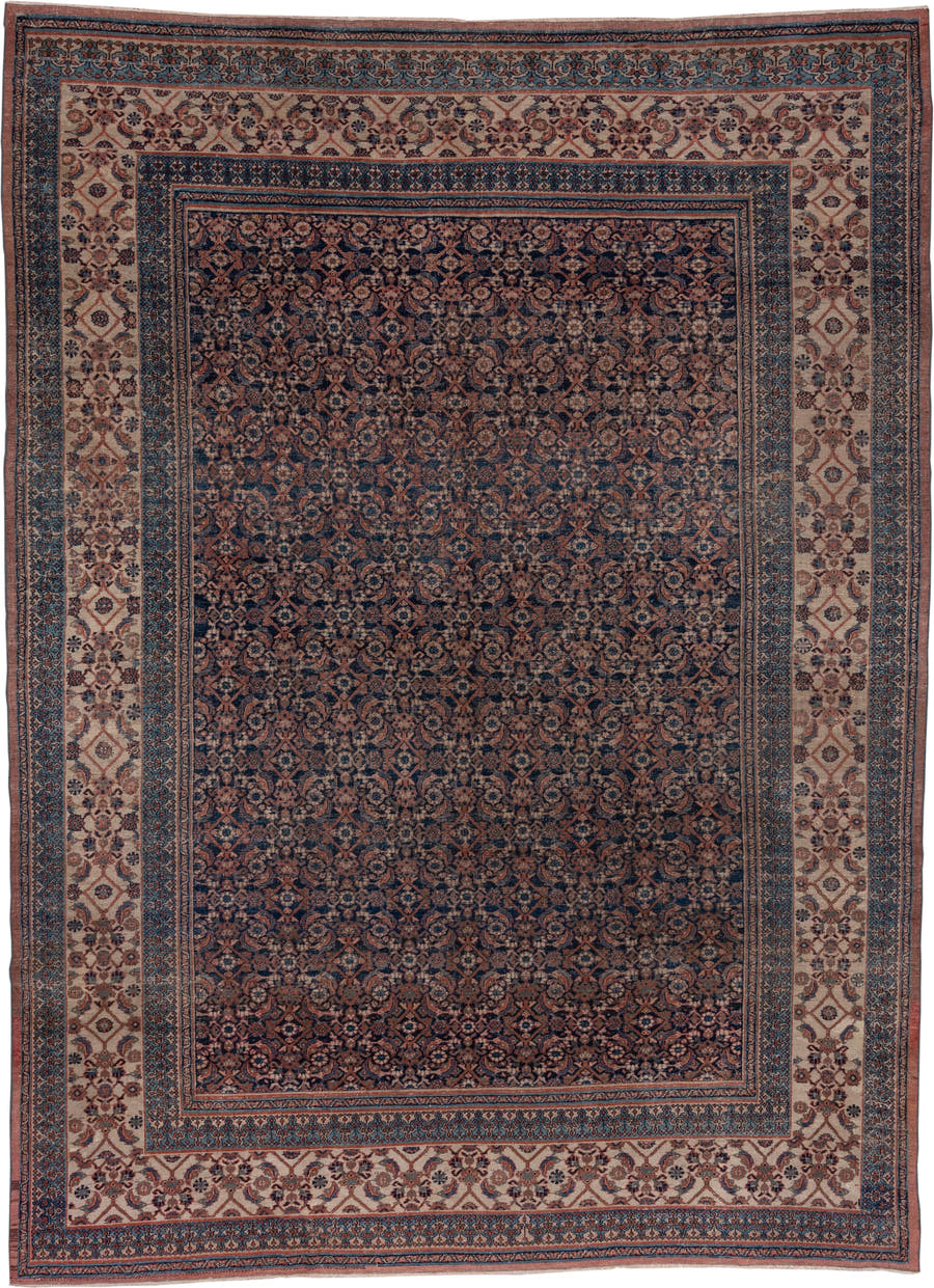 8' x 11' one-of-a-kind handmade antique Khorassan large size rug. Color palette: navy, ivory, rust, slate, camel, rose, blue