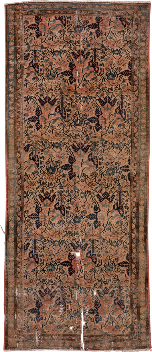 3' x 8' one-of-a-kind handmade antique Malayer runner rug. Color palette: terra cotta, navy, sage, camel, rose, ivory