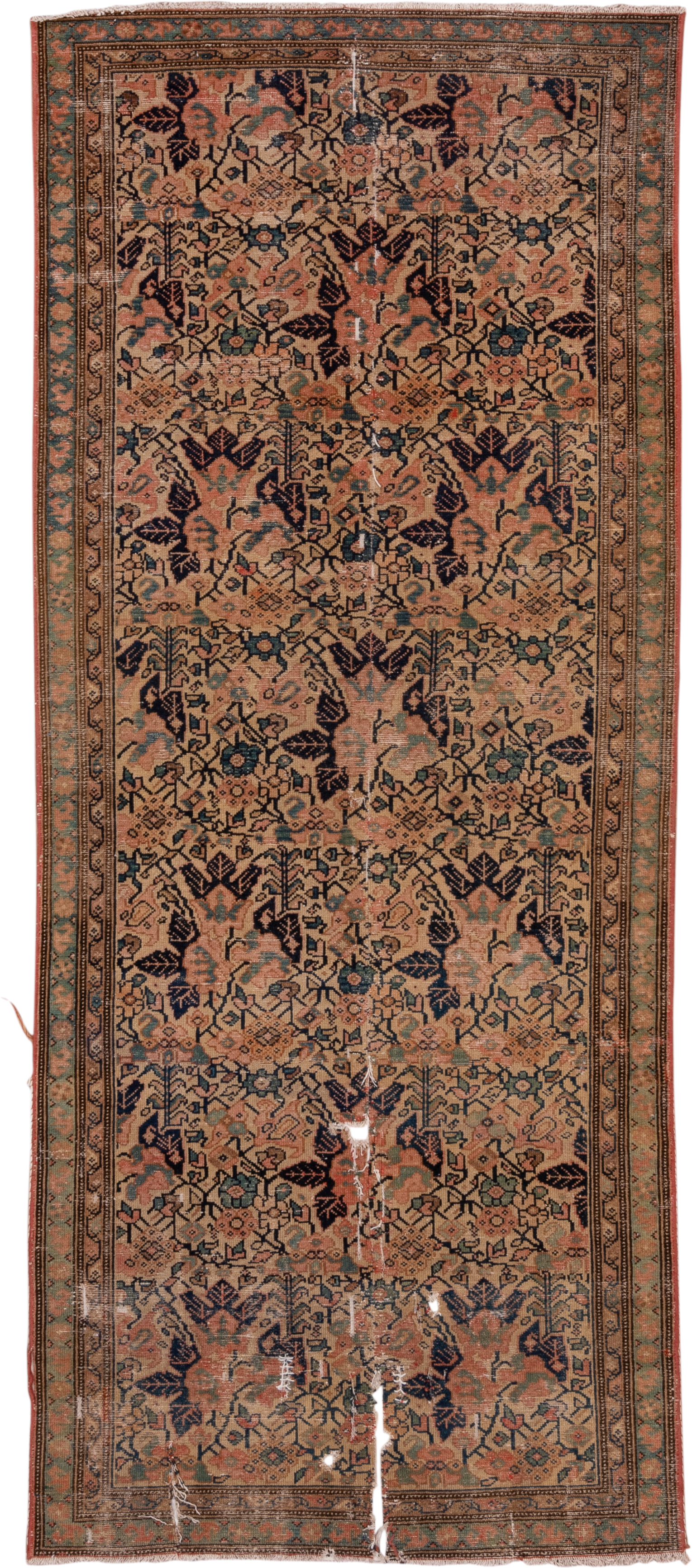 3' x 8' one-of-a-kind handmade antique Malayer runner rug. Color palette: terra cotta, navy, sage, camel, rose, ivory