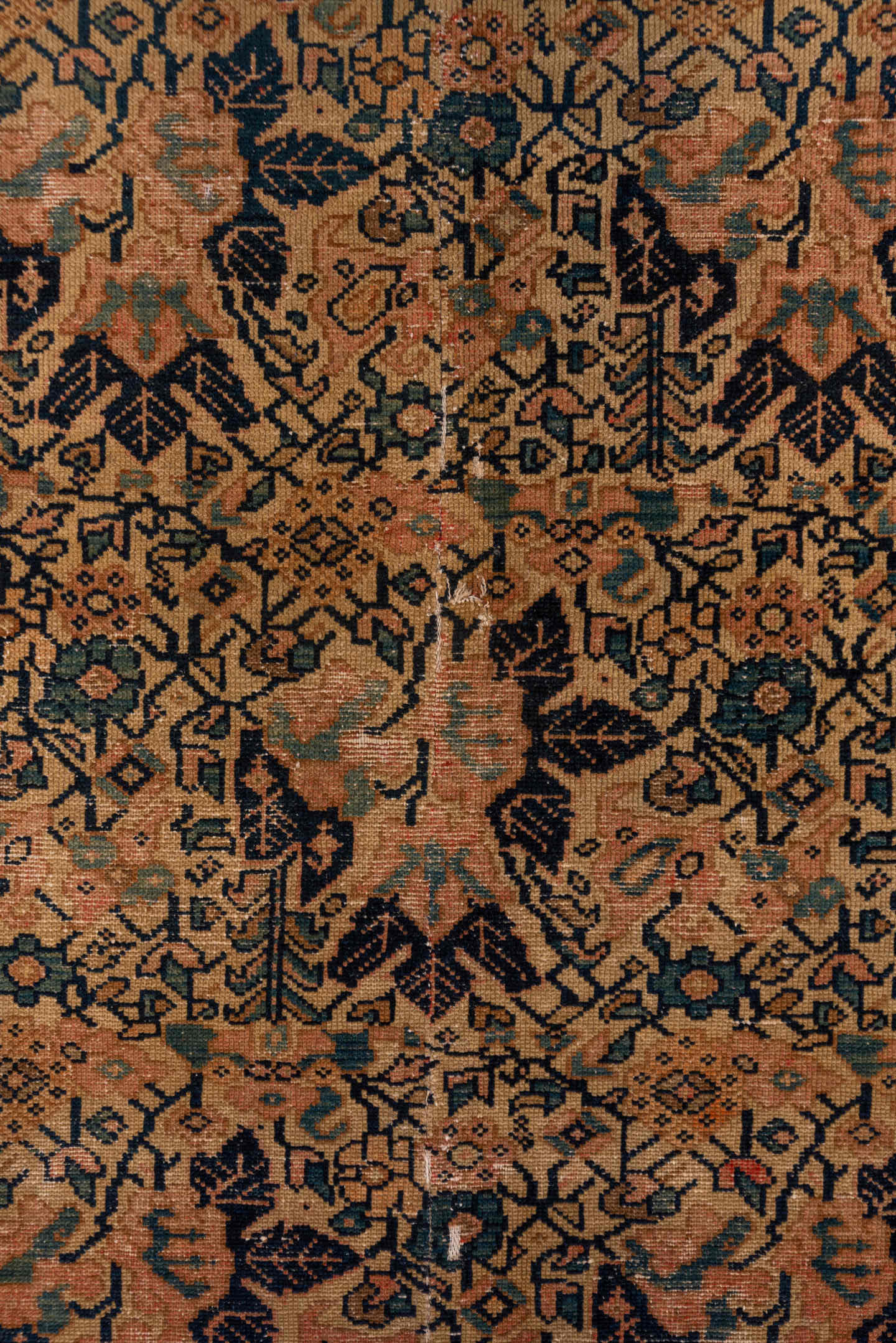 3' x 8' one-of-a-kind handmade antique Malayer runner rug. Color palette: terra cotta, navy, sage, camel, rose, ivory