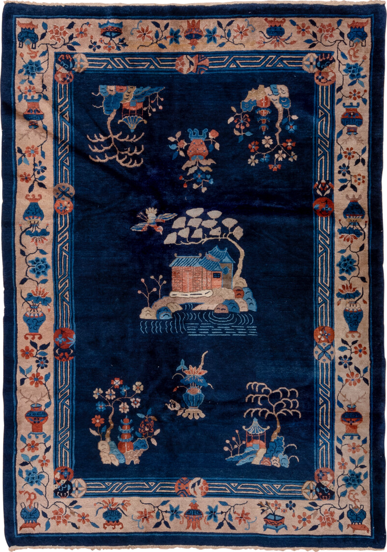 6' x 8' one-of-a-kind handmade antique Chinese medium size rug. Color palette: navy, ivory, cobalt, terra cotta, camel, rose