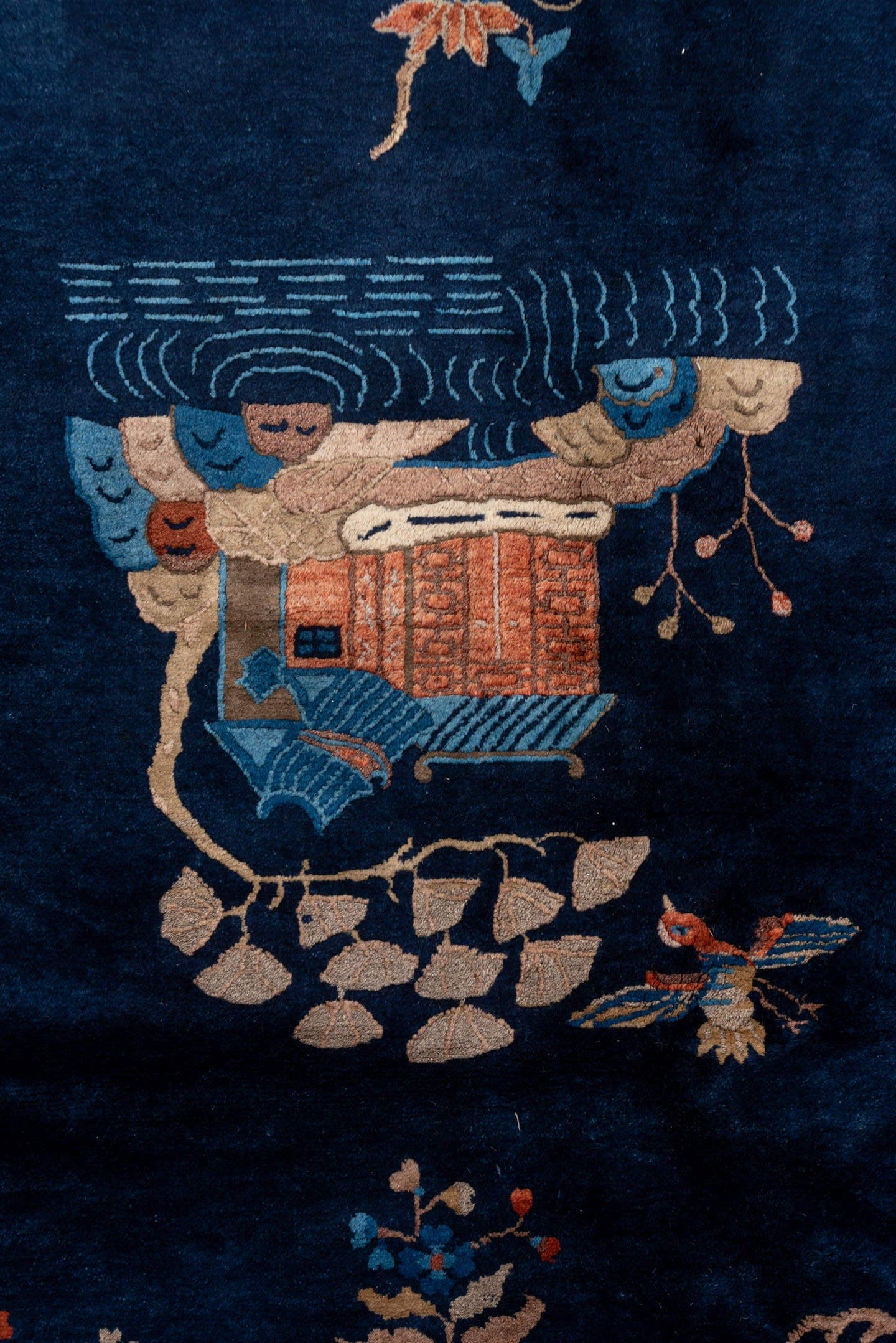 6' x 8' one-of-a-kind handmade antique Chinese medium size rug. Color palette: navy, ivory, cobalt, terra cotta, camel, rose
