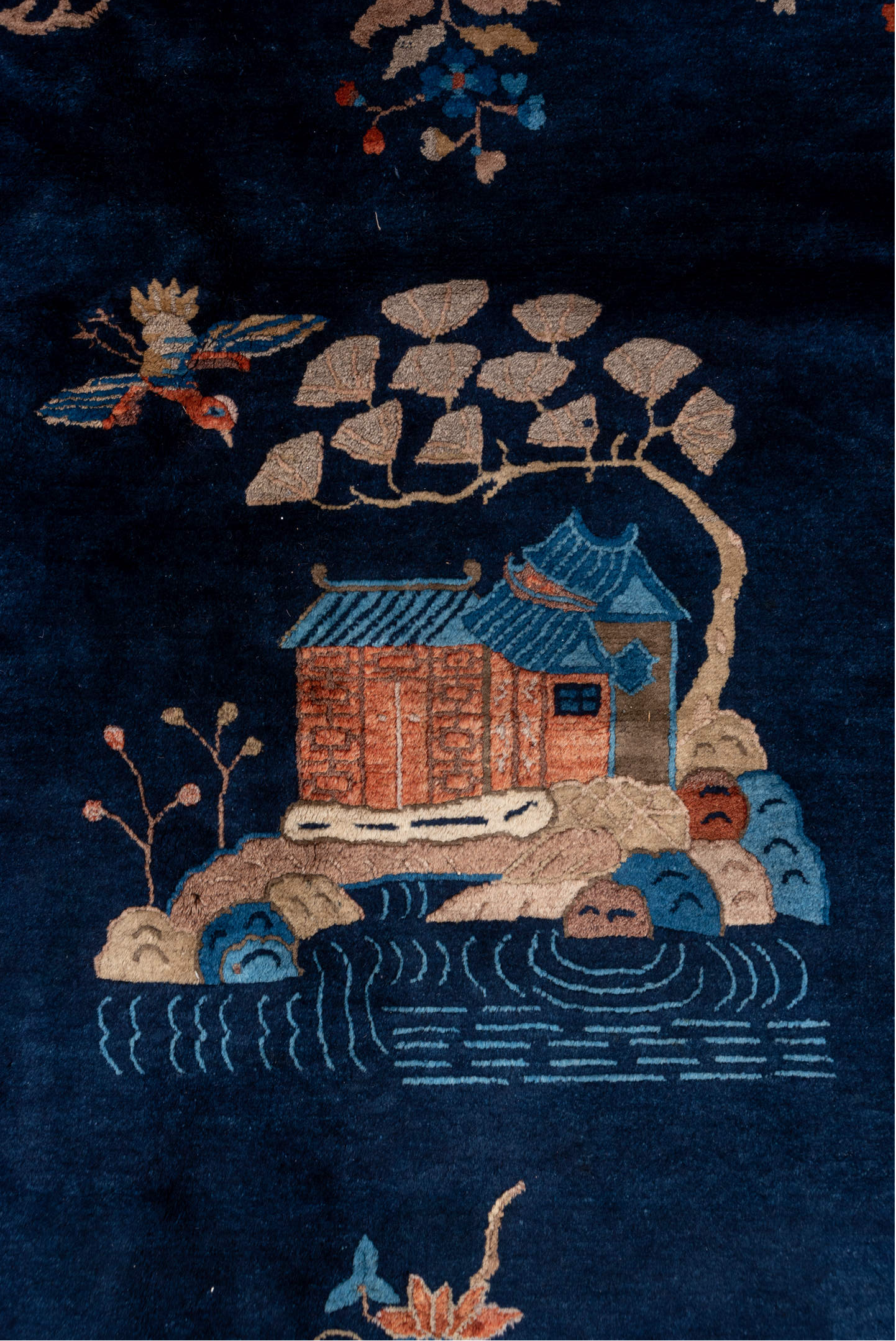 6' x 8' one-of-a-kind handmade antique Chinese medium size rug. Color palette: navy, ivory, cobalt, terra cotta, camel, rose