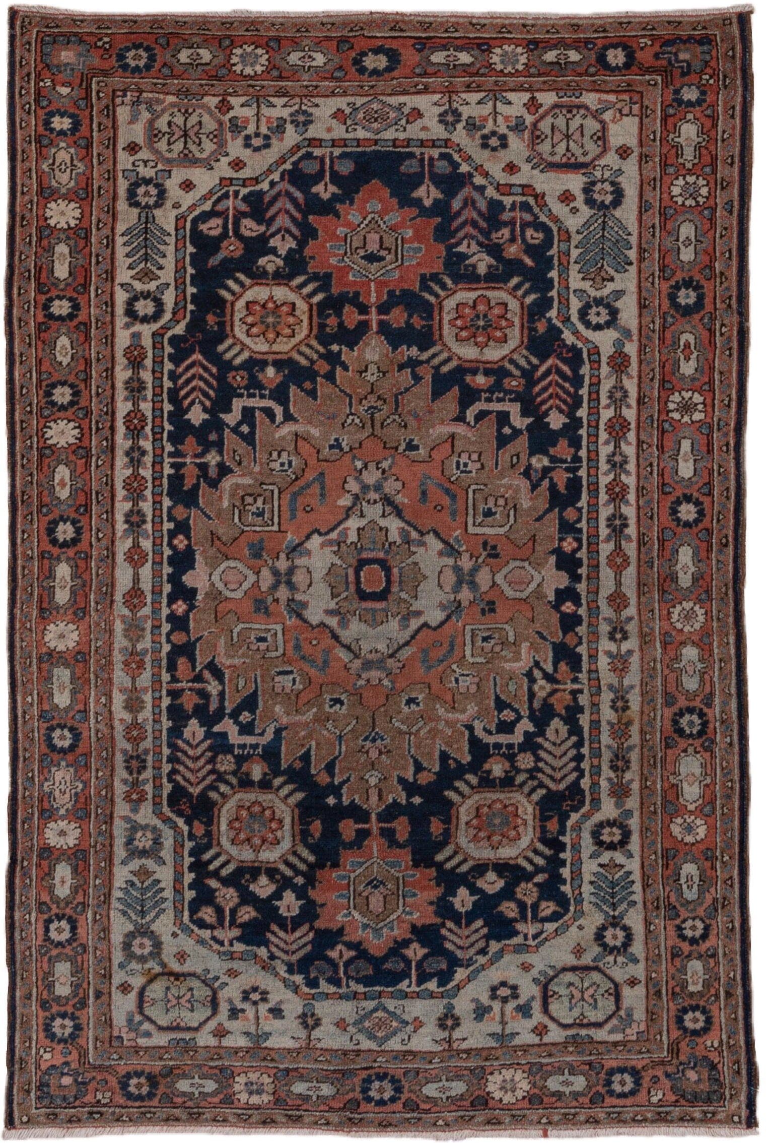 3' x 5' one-of-a-kind handmade antique Heriz small size rug. Color palette: navy, rust, ivory, taupe, slate, camel, rose