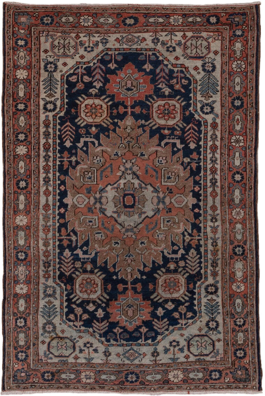 3' x 5' one-of-a-kind handmade antique Heriz small size rug. Color palette: navy, rust, ivory, taupe, slate, camel, rose