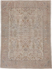 6' x 9' one-of-a-kind handmade antique Oushak medium size rug. Color palette: ivory, blush, taupe, sage, gold, rose, camel