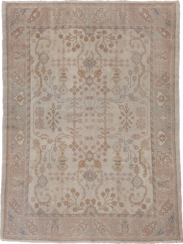 6' x 9' one-of-a-kind handmade antique Oushak medium size rug. Color palette: ivory, blush, taupe, sage, gold, rose, camel