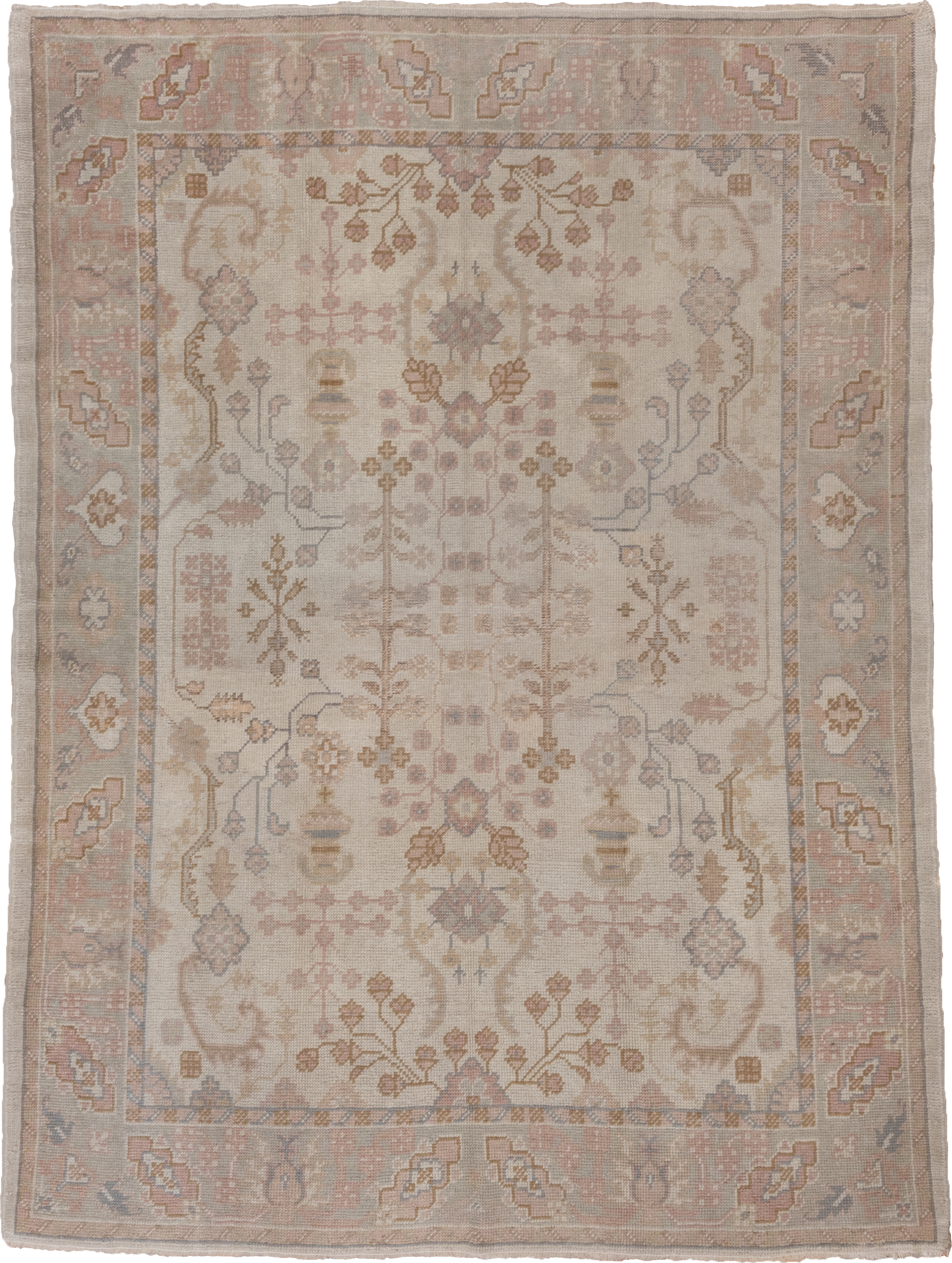 6' x 9' one-of-a-kind handmade antique Oushak medium size rug. Color palette: ivory, blush, taupe, sage, gold, rose, camel