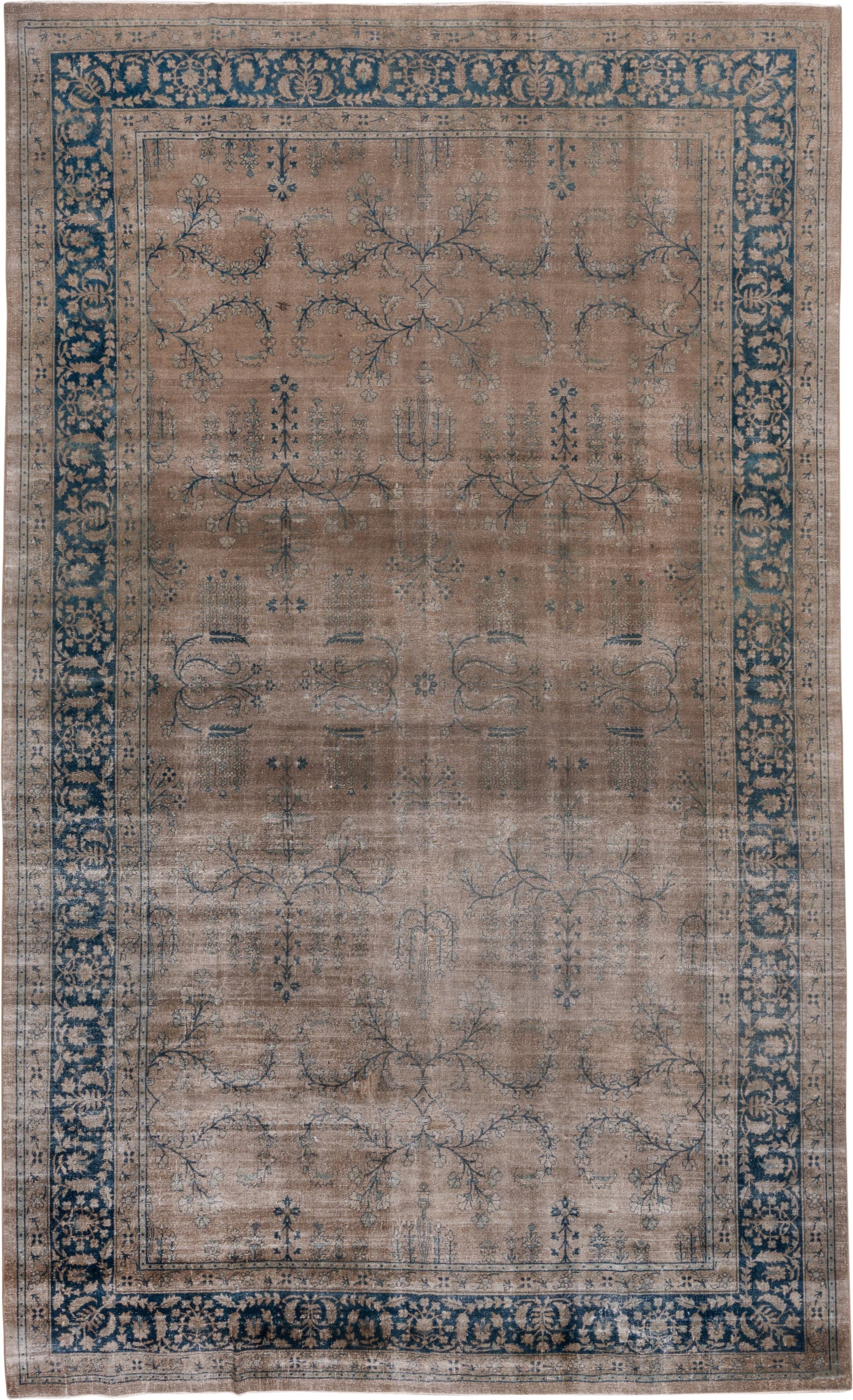 8' x 14' one-of-a-kind handmade antique Laristan rug. Color palette: taupe, indigo, beige, slate, ivory, gray, purple