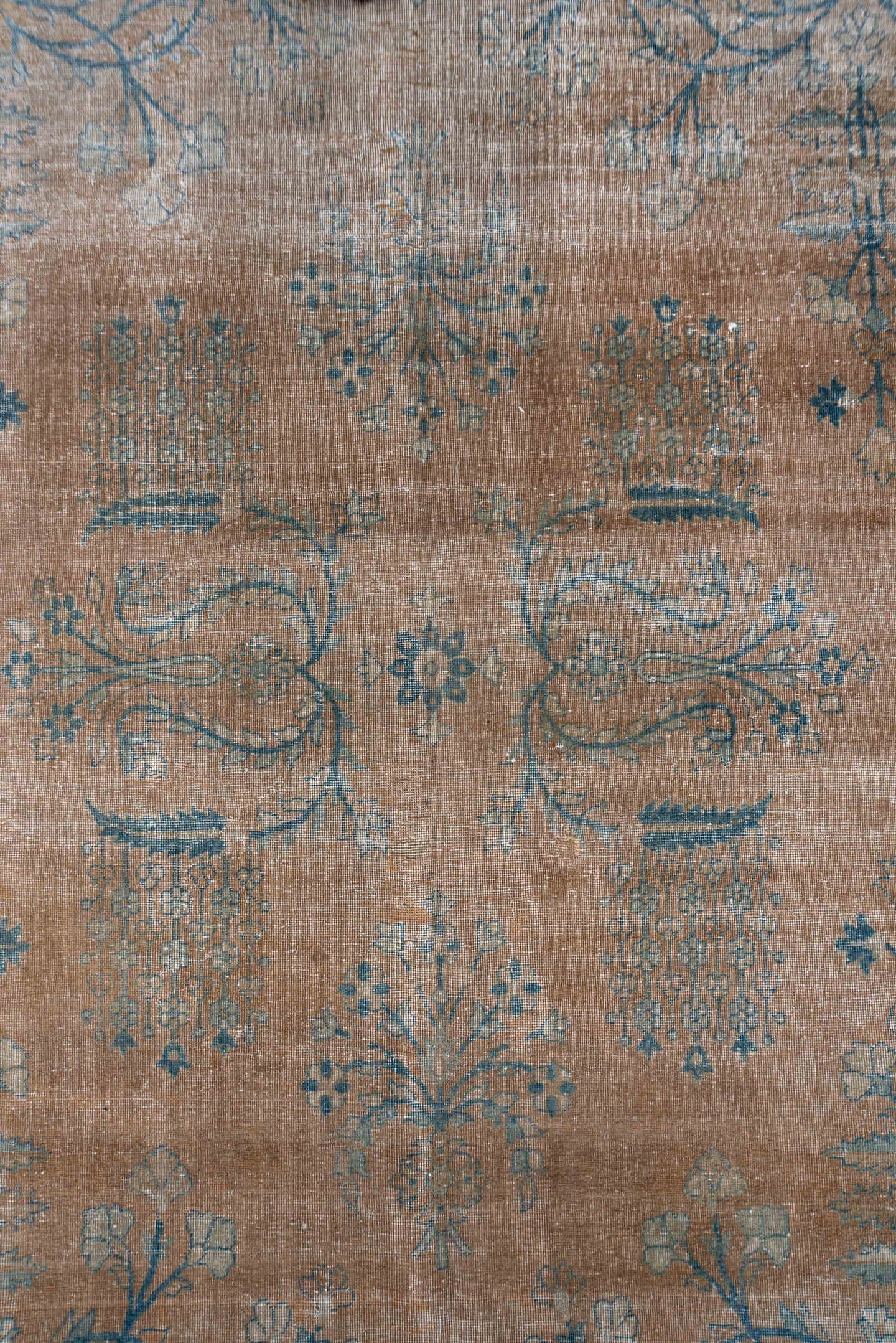 8' x 14' one-of-a-kind handmade antique Laristan rug. Color palette: taupe, indigo, beige, slate, ivory, gray, purple