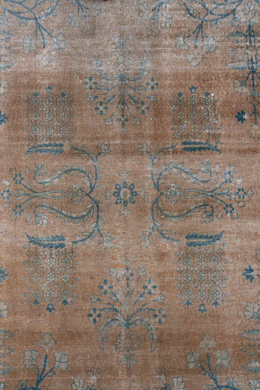 8' x 14' one-of-a-kind handmade antique Laristan rug. Color palette: taupe, indigo, beige, slate, ivory, gray, purple