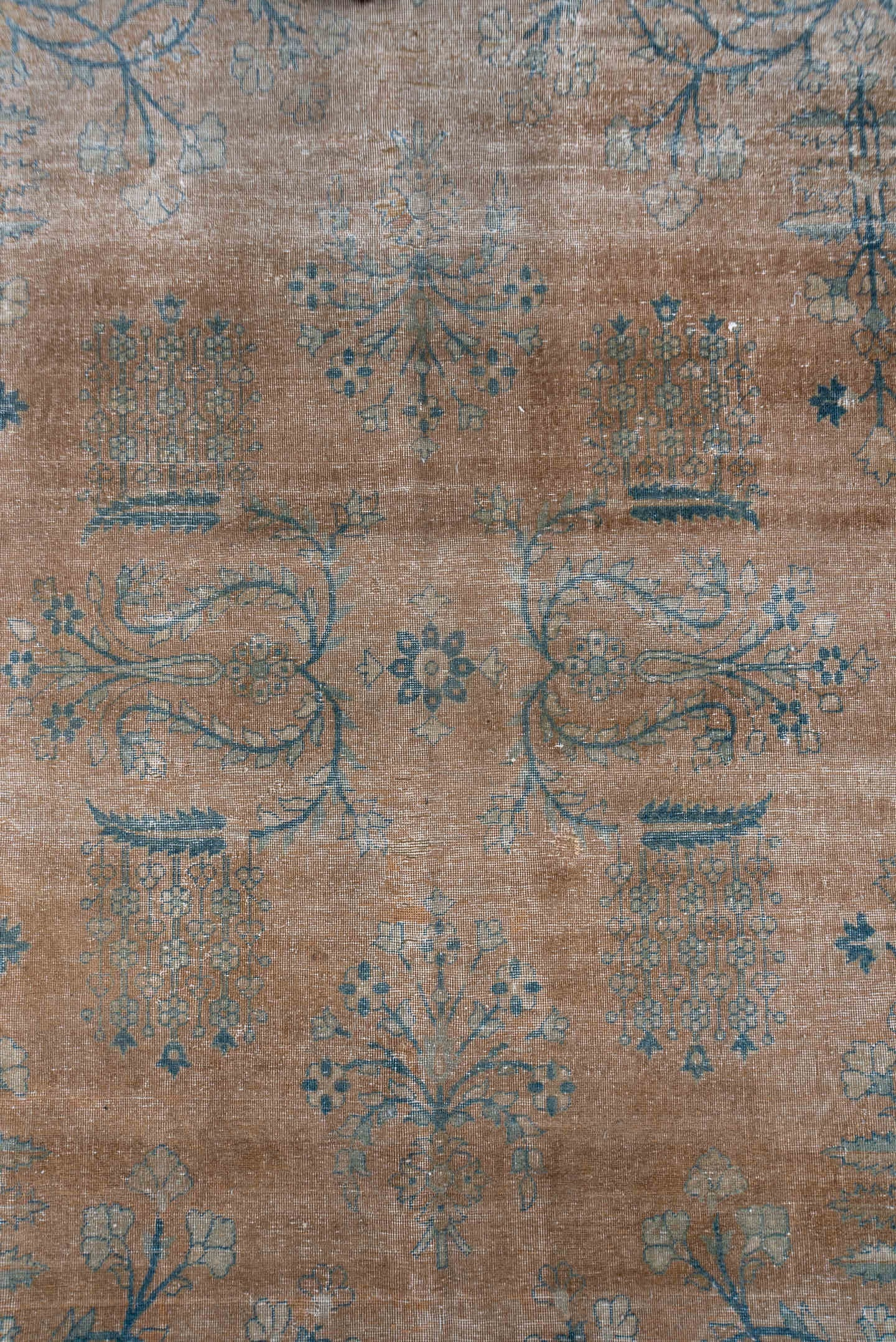 8' x 14' one-of-a-kind handmade antique Laristan rug. Color palette: taupe, indigo, beige, slate, ivory, gray, purple