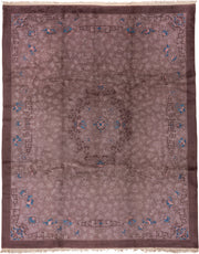 9' x 11' one-of-a-kind handmade antique Chinese large size rug. Color palette: taupe, mauve, brown, slate, ivory, cobalt