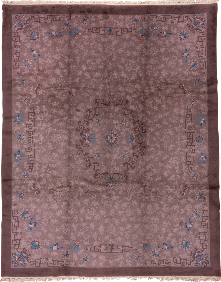 9' x 11' one-of-a-kind handmade vintage Chinese large size rug. Color palette: blue, brown, gray, pink