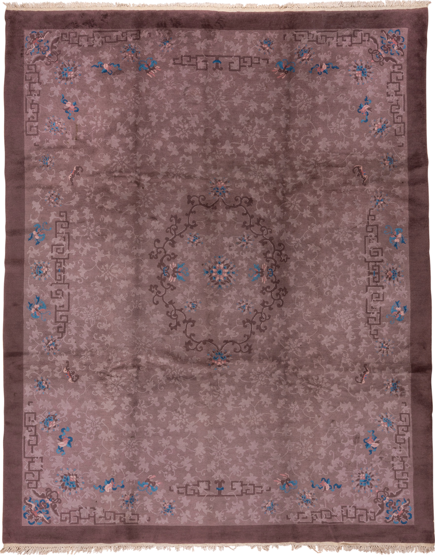 9' x 11' one-of-a-kind handmade antique Chinese large size rug. Color palette: taupe, mauve, brown, slate, ivory, cobalt