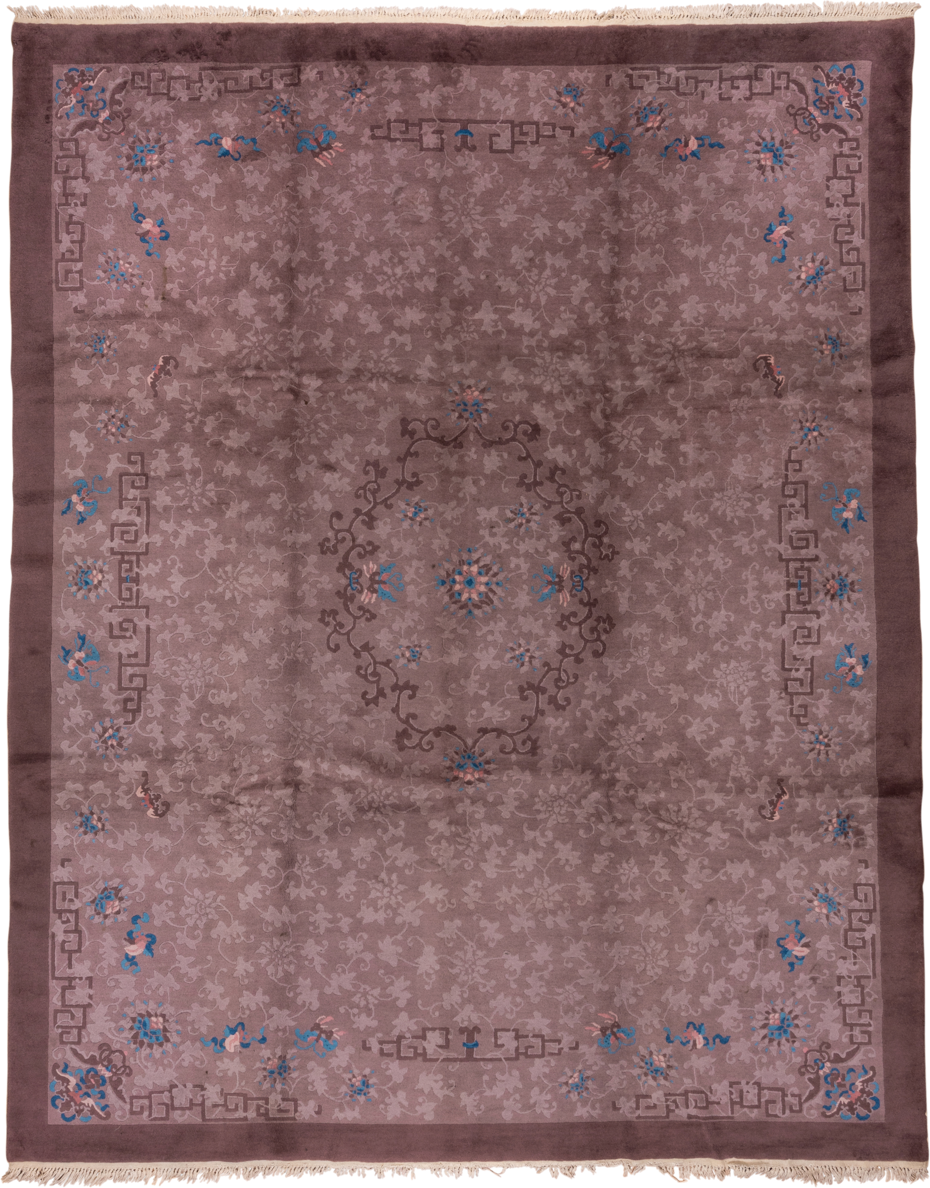 9' x 11' one-of-a-kind handmade antique Chinese large size rug. Color palette: taupe, mauve, brown, slate, ivory, cobalt