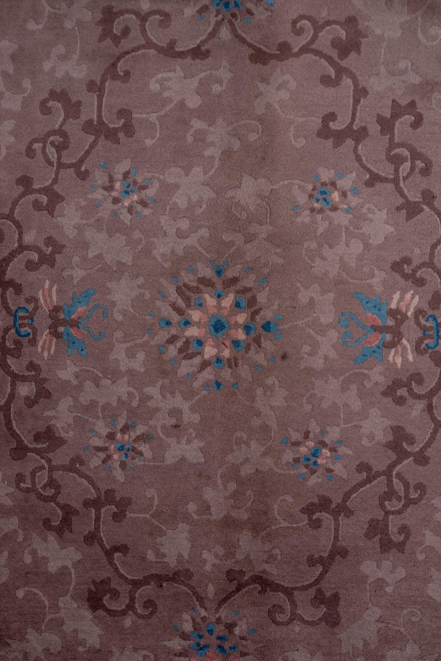 9' x 11' one-of-a-kind handmade antique Chinese large size rug. Color palette: taupe, mauve, brown, slate, ivory, cobalt