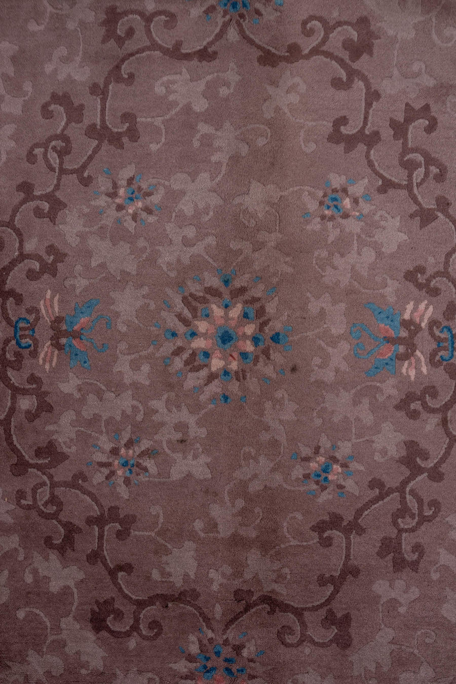9' x 11' one-of-a-kind handmade antique Chinese large size rug. Color palette: taupe, mauve, brown, slate, ivory, cobalt