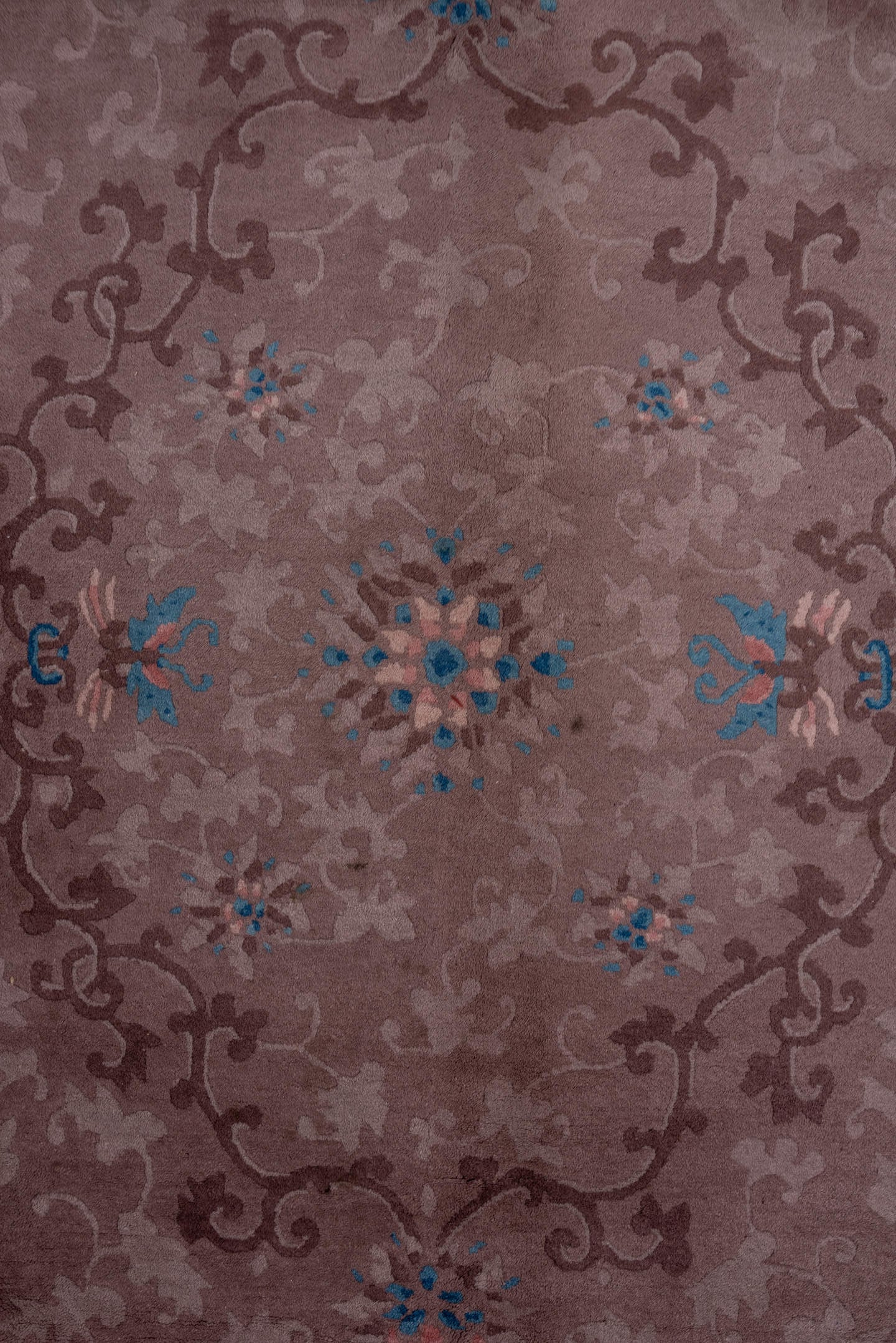 9' x 11' one-of-a-kind handmade antique Chinese large size rug. Color palette: taupe, mauve, brown, slate, ivory, cobalt