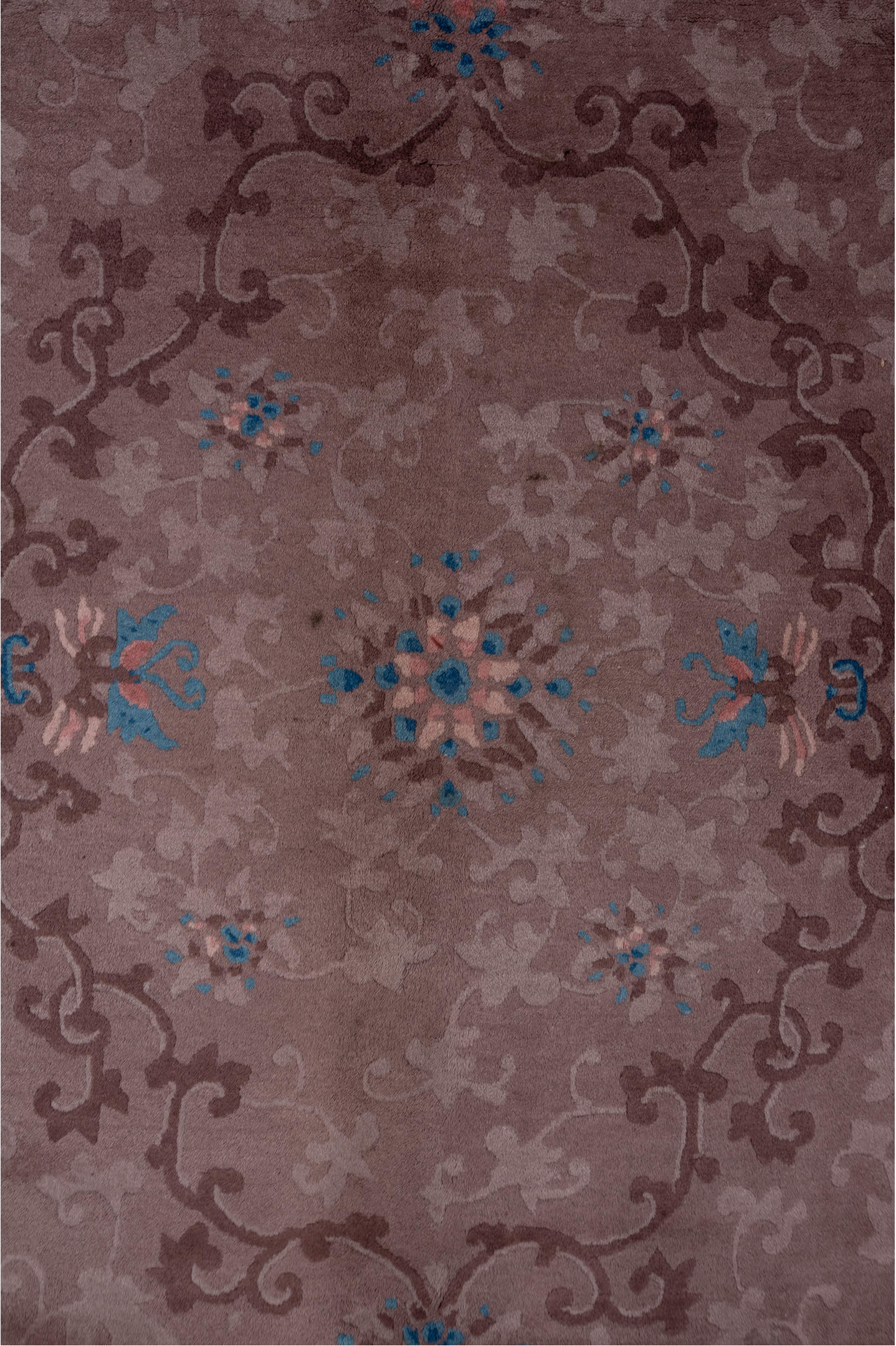 9' x 11' one-of-a-kind handmade vintage Chinese large size rug. Color palette: blue, brown, gray, pink