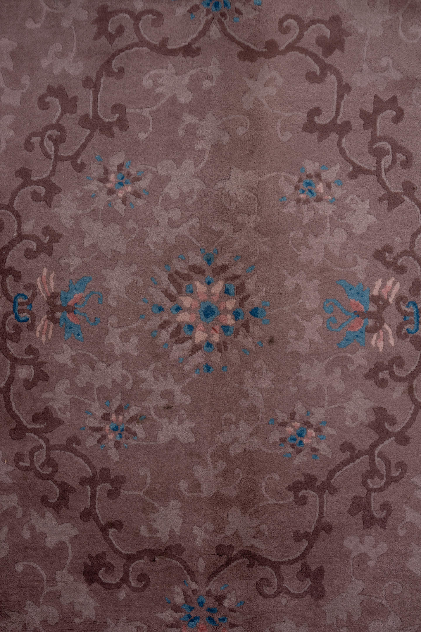 9' x 11' one-of-a-kind handmade antique Chinese large size rug. Color palette: taupe, mauve, brown, slate, ivory, cobalt