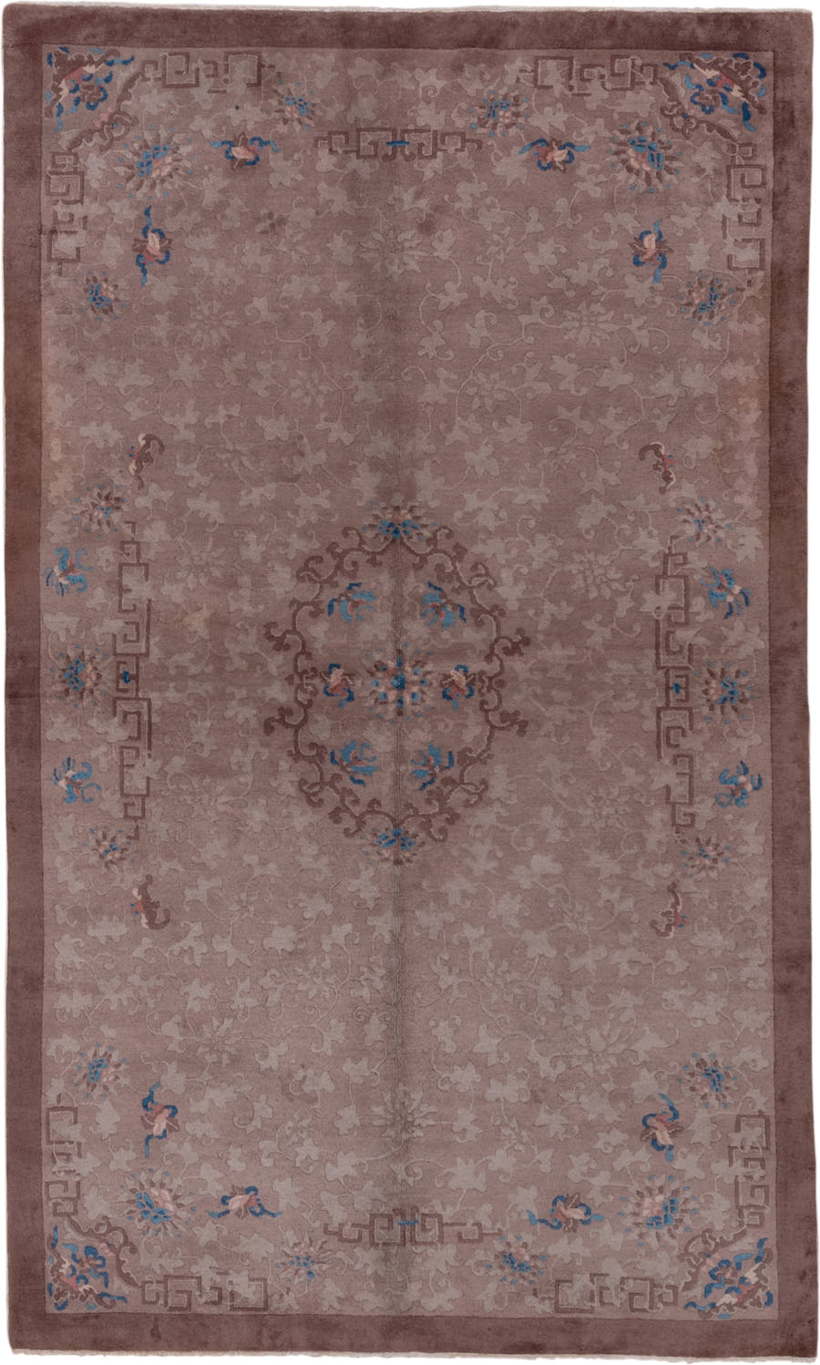 5' x 8' one-of-a-kind handmade antique Chinese medium size rug. Color palette: taupe, mauve, dusty rose, ivory, blue, slate