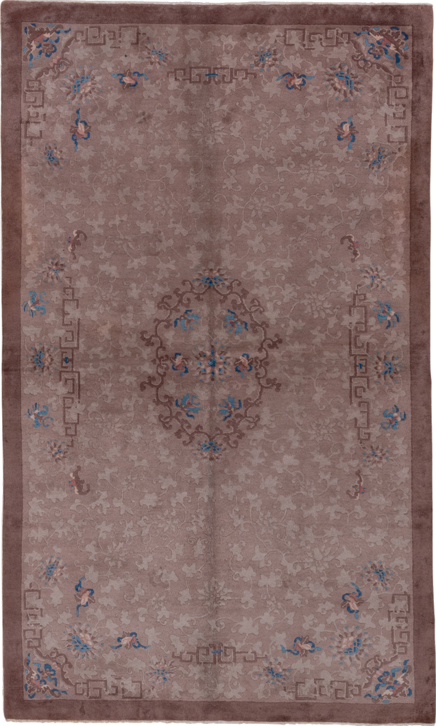 5' x 8' one-of-a-kind handmade vintage Chinese medium size rug. Color palette: blue, brown, gray, pink