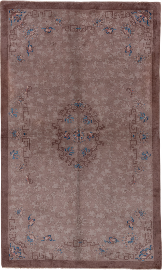 5' x 8' one-of-a-kind handmade antique Chinese medium size rug. Color palette: taupe, mauve, dusty rose, ivory, blue, slate