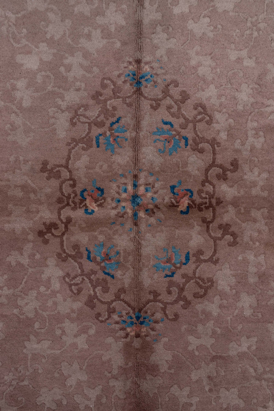 5' x 8' one-of-a-kind handmade antique Chinese medium size rug. Color palette: taupe, mauve, dusty rose, ivory, blue, slate
