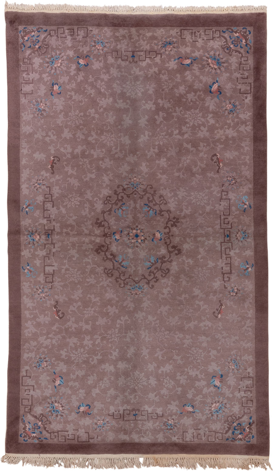 5' x 8' one-of-a-kind handmade antique Chinese medium size rug. Color palette: taupe, mauve, dusty rose, brown, sky blue