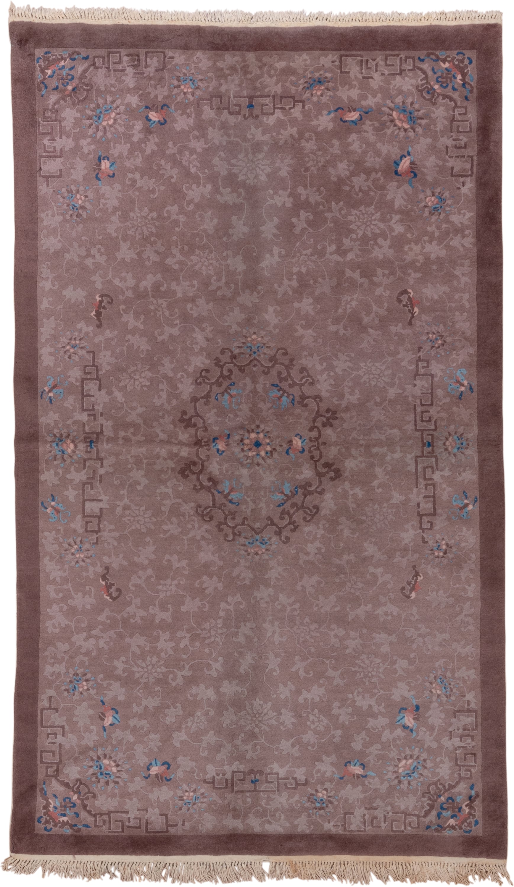 5' x 8' one-of-a-kind handmade antique Chinese medium size rug. Color palette: taupe, mauve, dusty rose, brown, sky blue