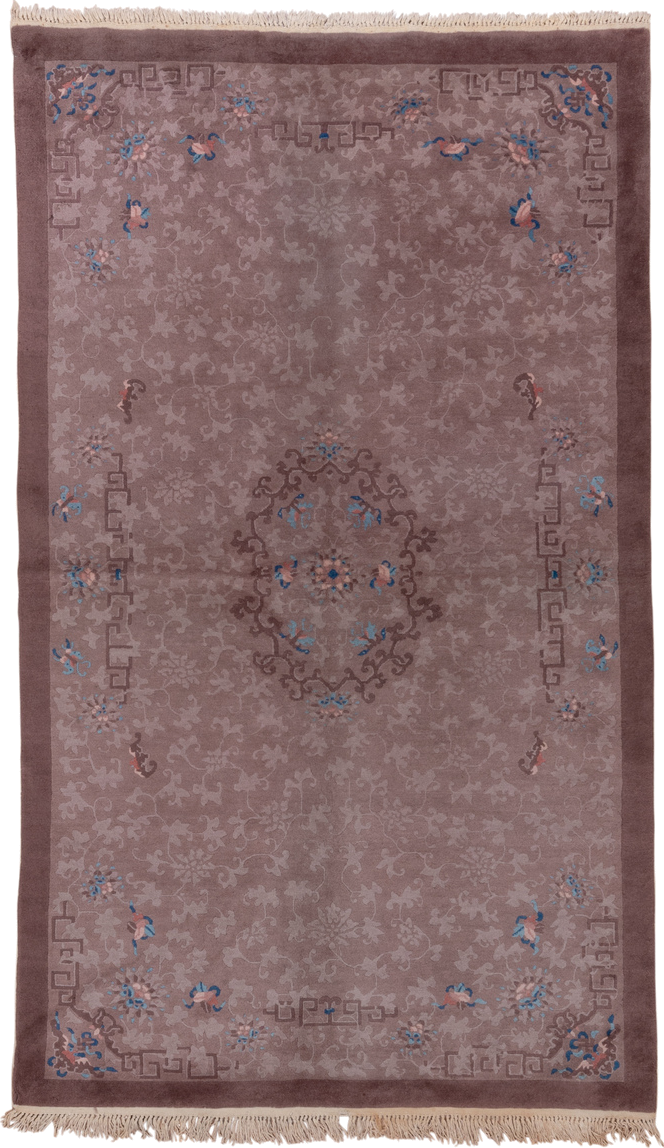 5' x 8' one-of-a-kind handmade antique Chinese medium size rug. Color palette: taupe, mauve, dusty rose, brown, sky blue