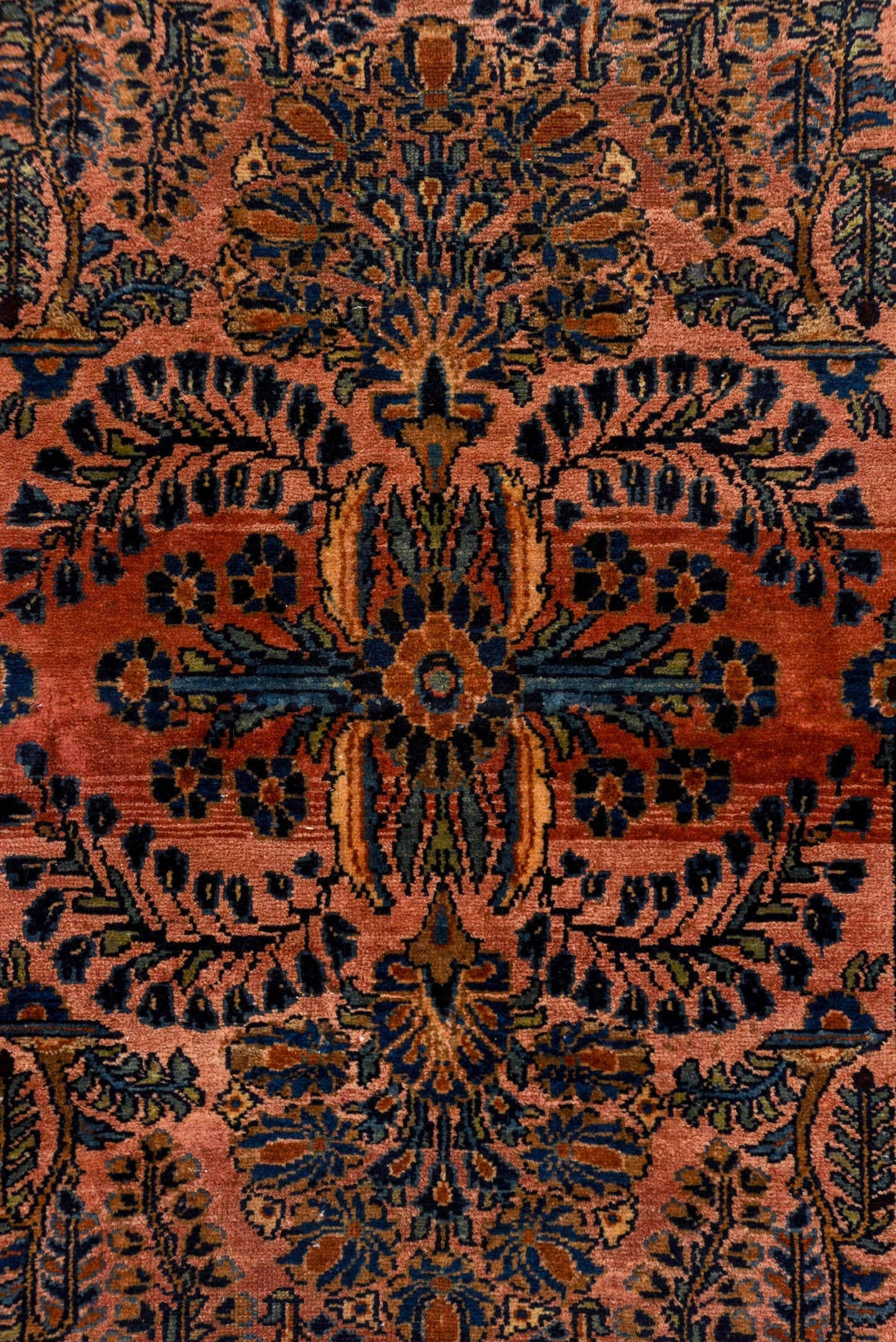 2' x 16' one-of-a-kind handmade antique Lilian runner rug. Color palette: rose, navy, rust, terra cotta, ivory, brown, pink