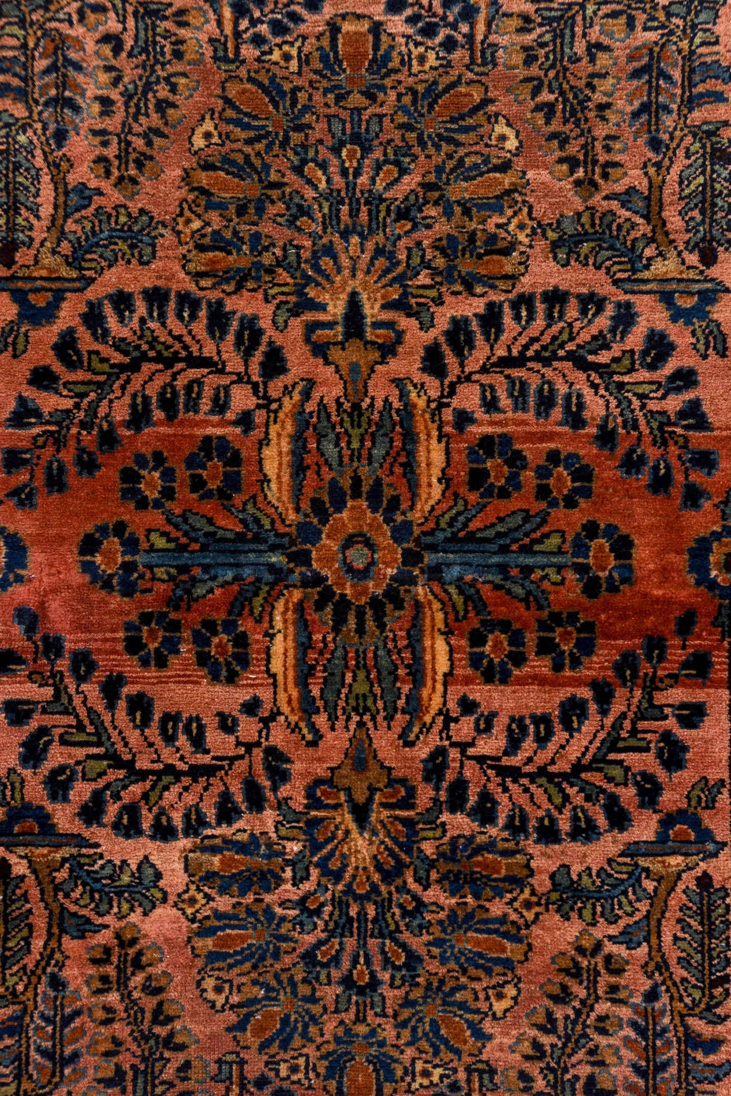 2' x 16' one-of-a-kind handmade antique Lilian runner rug. Color palette: rose, navy, rust, terra cotta, ivory, brown, pink