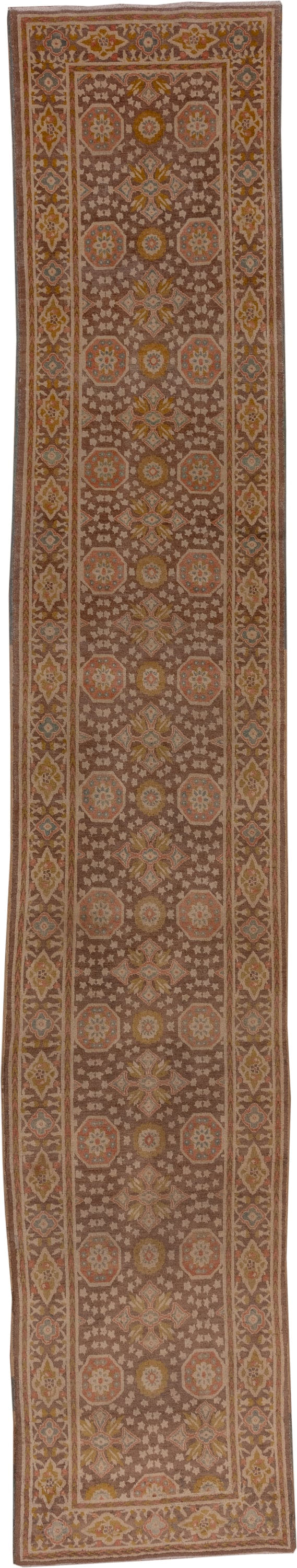 2' x 15' one-of-a-kind handmade antique Tabriz runner rug. Color palette: brown, ivory, rust, gold, camel, slate, taupe