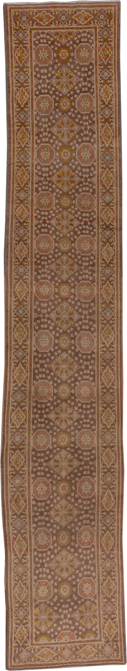 2' x 15' one-of-a-kind handmade antique Tabriz runner rug. Color palette: brown, ivory, rust, gold, camel, slate, taupe