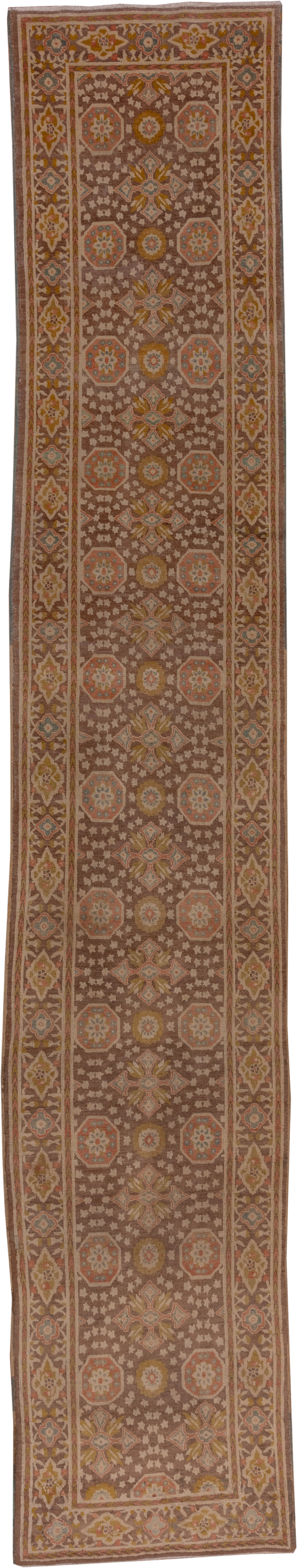 2' x 15' one-of-a-kind handmade antique Tabriz runner rug. Color palette: brown, ivory, rust, gold, camel, slate, taupe