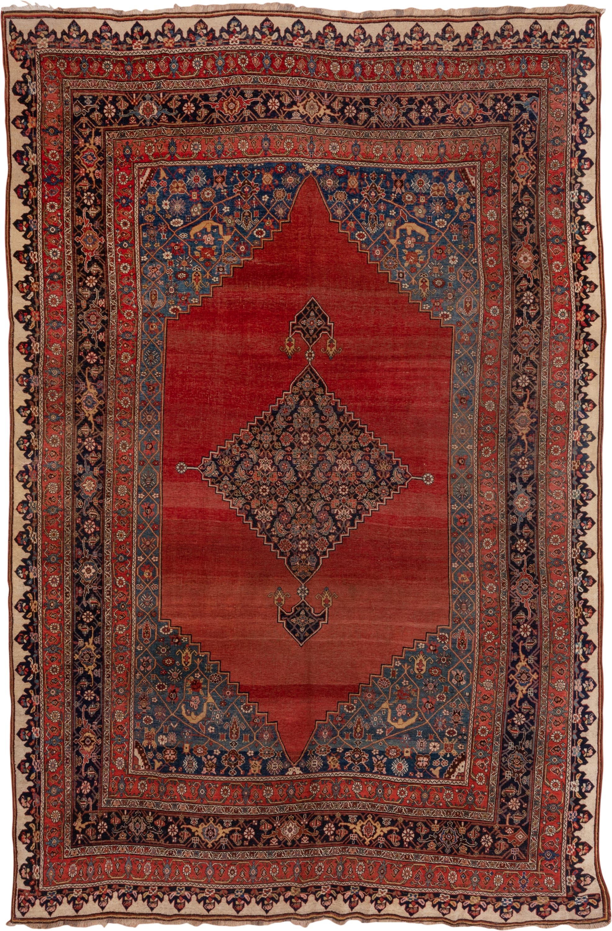 9' x 14' one-of-a-kind handmade antique Bidjar large size rug. Color palette: rust, navy, ivory, brick, slate, camel, rose