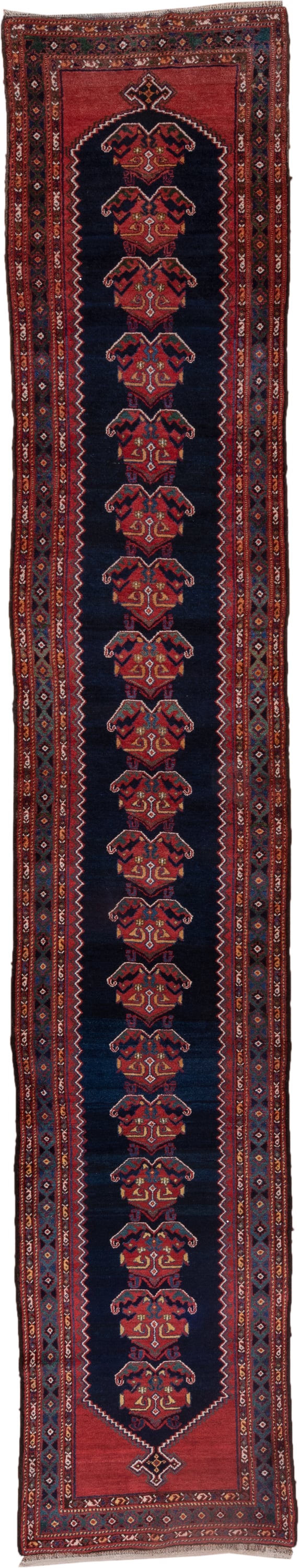 3' x 16' one-of-a-kind handmade antique Malayer runner rug. Color palette: indigo, rust, crimson, ivory, navy, terra cotta