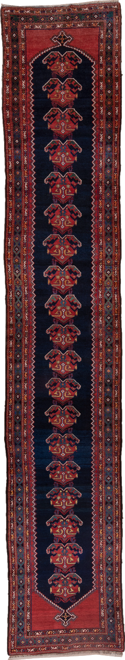 3' x 16' one-of-a-kind handmade vintage Malayer runner rug. Color palette: blue, brown, gray, off-white, pink, red, snow