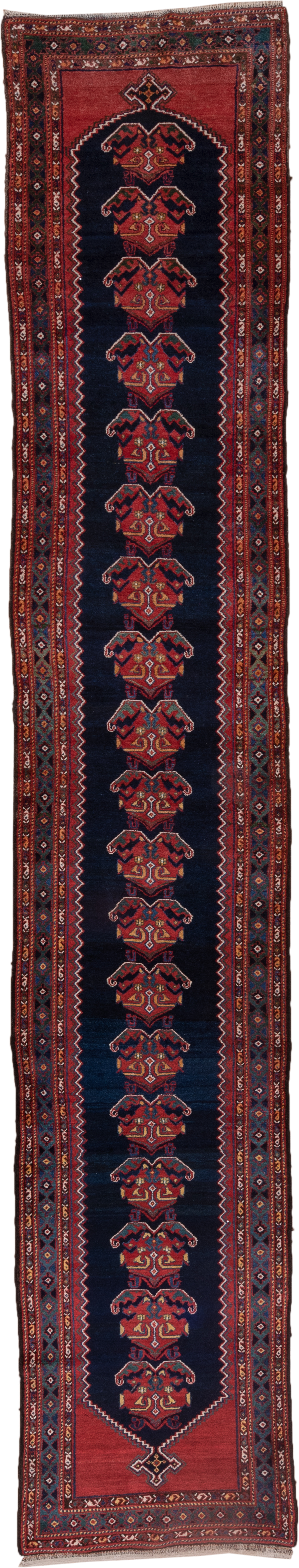 3' x 16' one-of-a-kind handmade antique Malayer runner rug. Color palette: indigo, rust, crimson, ivory, navy, terra cotta
