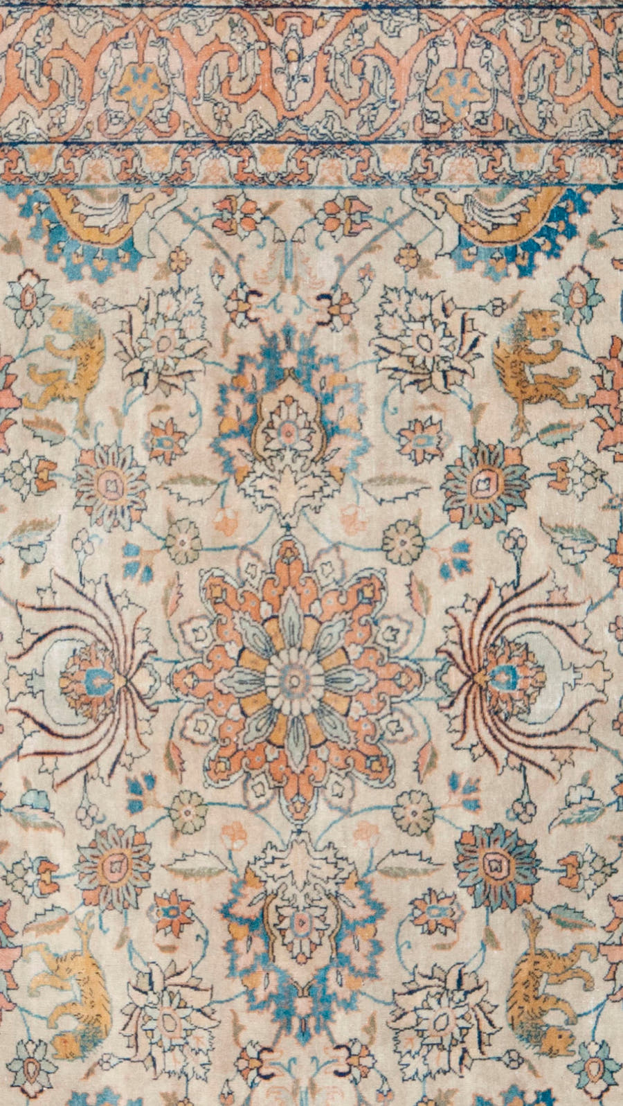 7' x 10' one-of-a-kind handmade antique Tabriz large size rug. Color palette: ivory, peach, sky blue, camel, sage, taupe