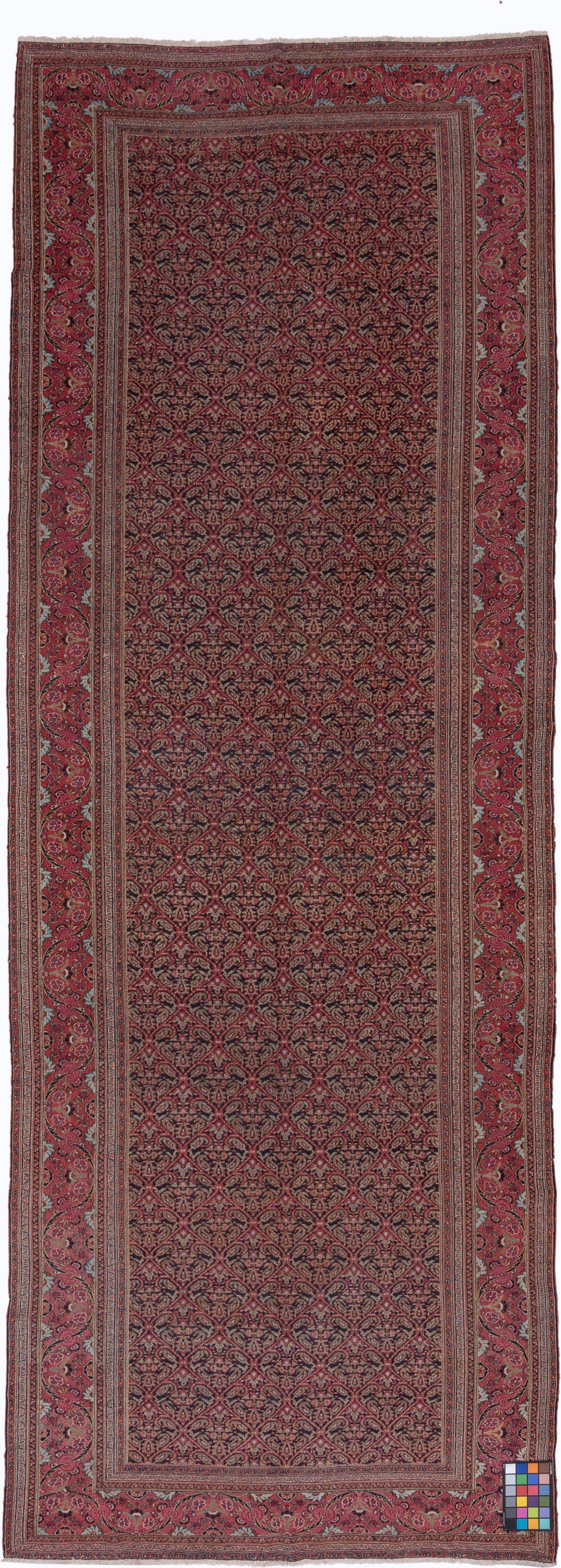 7' x 20' one-of-a-kind handmade antique Khorassan rug. Color palette: rose, navy, burgundy, ivory, dusty pink, taupe